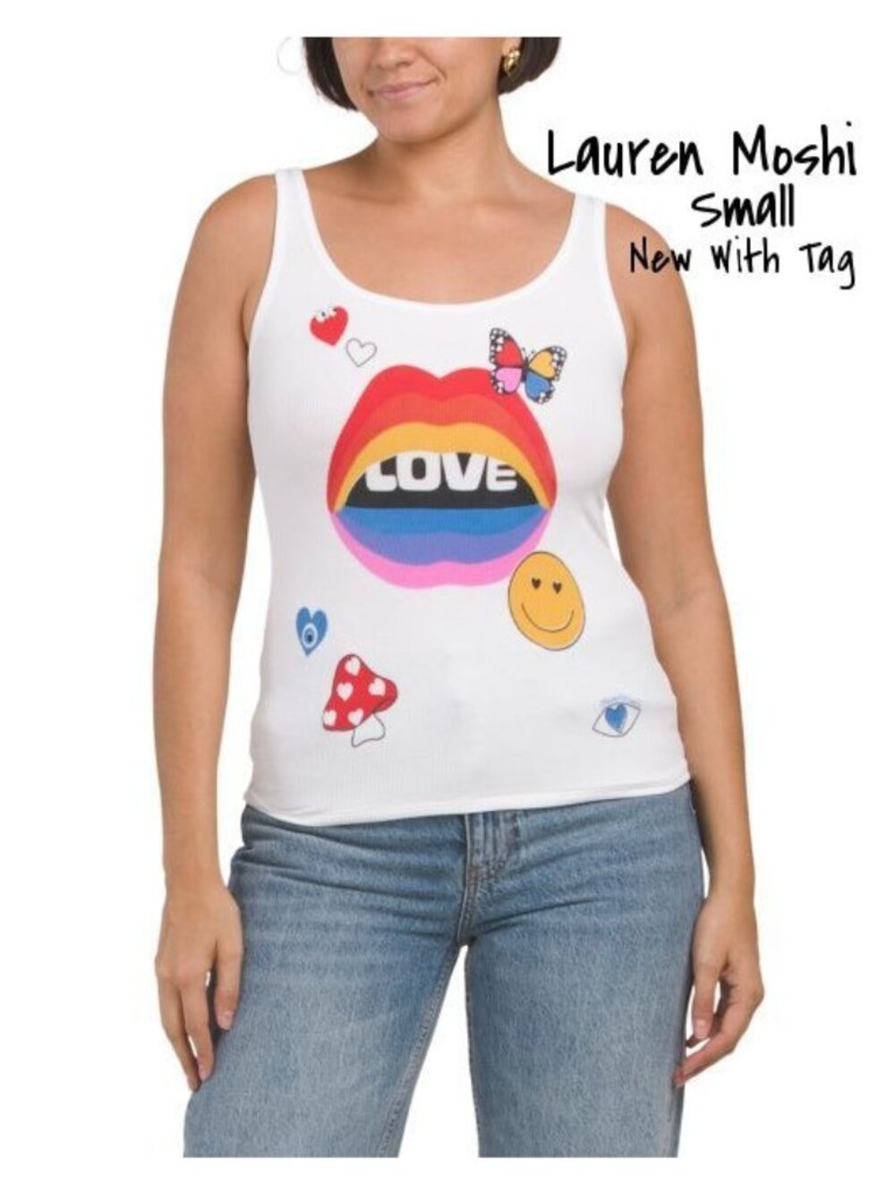 Lauren Moshi Rainbow Lips Tank Top Tee - Small White Love, New with Tags